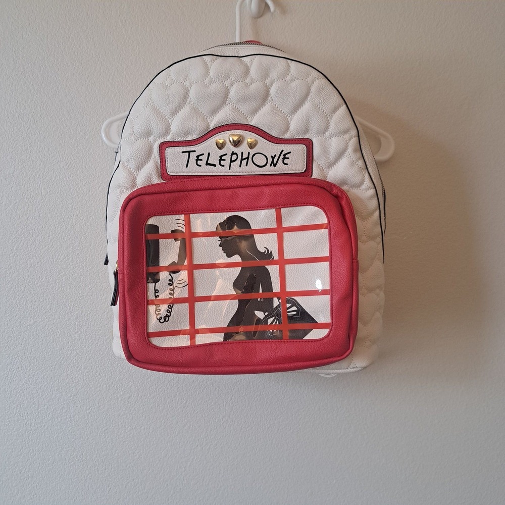 Betsey Johnson Kitsch Telephone Booth Quilted Heart Backpack White Red Gold